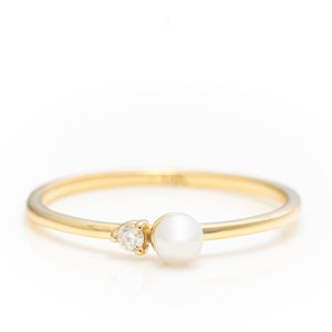 14k Solid Gold Pearl Ring: Dainty Moissanite Accent, Handmade Jewelry