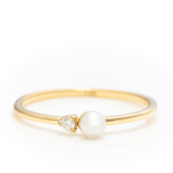 14k Solid Gold Dainty Pearl Ring, Real Gold Natural Pearl Ring For Her, Minimalist Design Premium Ring, Handmade Fine Jewelry By Selanica