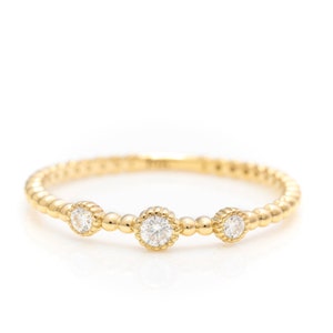 Solid Gold Dainty Stackable 3 Stone Ring / Real Gold Premium Beaded Band / Unique Design For Her / Handmade Fine Jewelry By Selanica