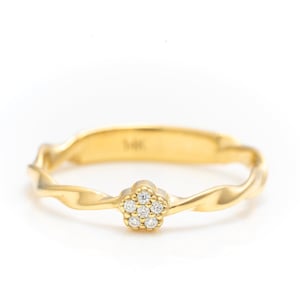 14k Solid Gold Moissanite Floral Ring: Handmade Wave Band