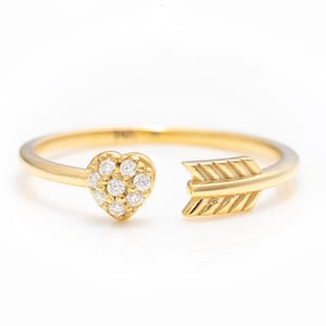 Solid Gold Dainty Arrow and Heart Ring, Real Gold Premium Open Band Ring, Handmade Fine Jewelry By Selanica