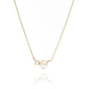 14k Solid Gold Pearl Necklace: Dainty Moissanite Accent, Handmade