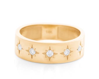 14k Solid Gold Starburst Ring, Real Gold Iconic Wide Band, Handmade Premium Fine Jewelry By Selanica