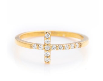 14k Solid Gold Cross Ring, Real Gold Sideways Cross Band, Handmade Premium Fine Jewelry By Selanica