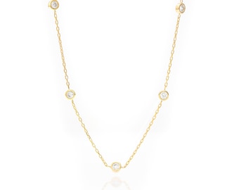 14k Solid Gold Bezel Necklace, Real Gold Five Stone Necklace, Handmade Premium Fine Jewelry By Selanica