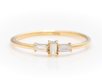 Solid Gold Dainty Baguette Ring / Stackable Real Gold Premium Baguette Ring / Handmade Fine Jewelry By Selanica
