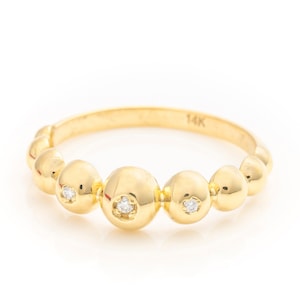 14k Solid Gold Ball Ring, Real Gold Bezel Setting Beaded Band, Handmade Premium Fine Jewelry By Selanica