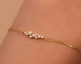 Solid Gold Dainty Cluster Bracelet, Real Gold Double Chain, Premium Bracelet For Her, Handmade Fine Jewelry by Selanica