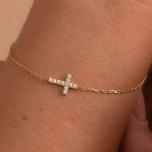 14k Solid Gold Cross Bracelet: Dainty Moissanite Fine Jewelry