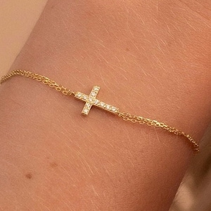 Solid Gold Moissanite Cross Bracelet, Double Chain, Handmade Jewelry