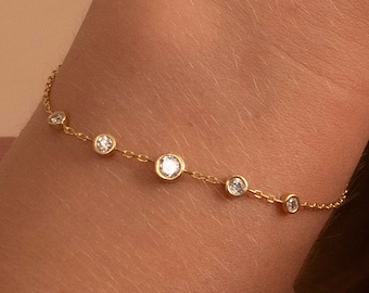 14k Solid Gold Bezel Bracelet, Real Gold Premium Five Stone Bracelet For Her, Handmade Fine Jewelry by Selanica
