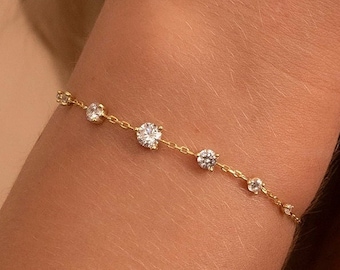 14k Solid Gold Seven Stone Bracelet, Real Gold Premium Bracelet For Her, Handmade Fine Jewelry by Selanica