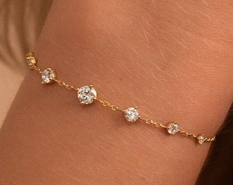 14k Solid Gold Seven Stone Bracelet, Handmade Premium Fine Jewelry By Selanica
