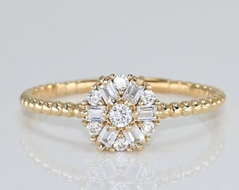 14k Solid Gold Round Cluster Ring, Real Gold Floral Design Beaded Band, Handmade Premium Fine Jewelry By Selanica