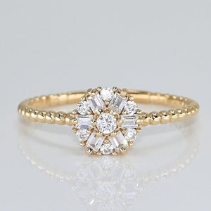 14k Solid Gold Round Cluster Ring, Real Gold Floral Design Beaded Band, Handmade Premium Fine Jewelry By Selanica