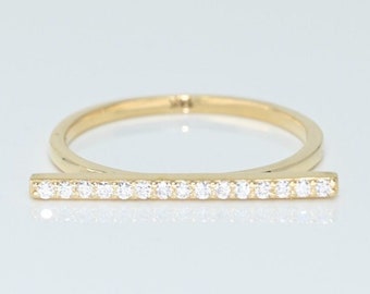 14k Solid Gold Pave Bar Ring, Real Gold Multi Stone Line Ring, Handmade Premium Fine Jewelry By Selanica
