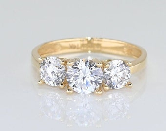 14k Solid Gold Three Stone Moissanite Ring, Special Design Real Gold Ring For Her, Handmade Fine Jewelry By Selanica