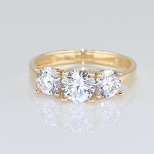 Solid Gold Three Stone Moissanite Ring, Special Design Real Gold Ring For Her, Handmade Fine Jewelry By Selanica