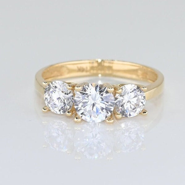 14k Solid Gold Three Stone Moissanite Ring, Special Design Real Gold Ring For Her, Handmade Fine Jewelry By Selanica