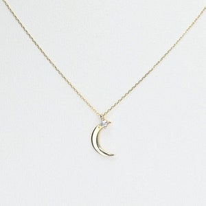 14k Solid Gold Moon Necklace: Dainty Crescent Moissanite Pendant