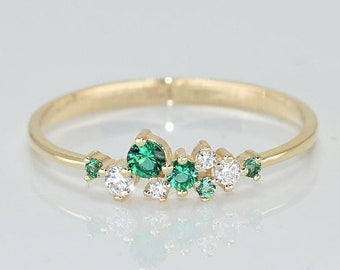 14k Solid Gold Emerald Cluster Ring / Real Gold Dainty Emerald Ring For Her / Handmade Fine Jewelry By Selanica