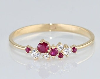 14k Solid Gold Ruby Cluster Ring / Real Gold Dainty Ruby Ring For Her / Handmade Fine Jewelry By Selanica