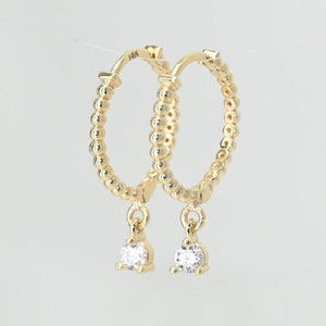 14k Solid Gold Moissanite Dangle Hoop Earrings: Beaded Circle Hoops