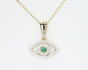 Solid Gold Dainty Emerald Evil Eye Necklace, Real Gold Dainty Eye Pendant For Her, Handmade Fine Jewelry by Selanica