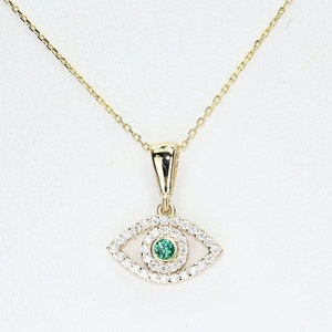 Solid Gold Dainty Emerald Evil Eye Necklace, Real Gold Dainty Eye Pendant For Her, Handmade Fine Jewelry by Selanica