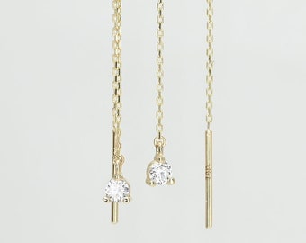 14k Solid Gold Threader Earrings: Dainty Moissanite Chain