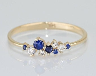 14k Solid Gold Sapphire Cluster Ring / Real Gold Dainty Sapphire Ring For Her / Handmade Fine Jewelry By Selanica