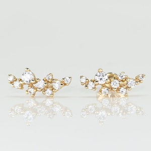 14k Solid Gold Dainty Cluster Earring, Real Gold Premium Moissanite Earring, Unique Design For Her, Handmade Fine Jewelry By Selanica