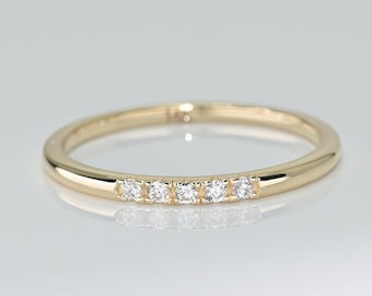14k Solid Gold Dainty Pave Band Ring, Real Gold Stackable Premium Ring, Unique Design Band For Her, Handmade Fine Jewelry By Selanica