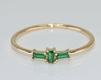 Solid Gold Emerald Ring: Dainty Baguette Band, Handmade Jewelry