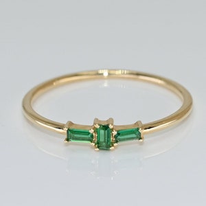 14k Solid Gold Emerald Baguette Ring / Real Gold Dainty Stackable Emerald Band / Unique Design For Her / Handmade Fine Jewelry By Selanica