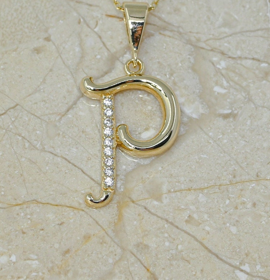 Ciondolo Uomo Con Moissanite Naturale E Lettera P Iniziale - Placcato Oro Giallo 14kt