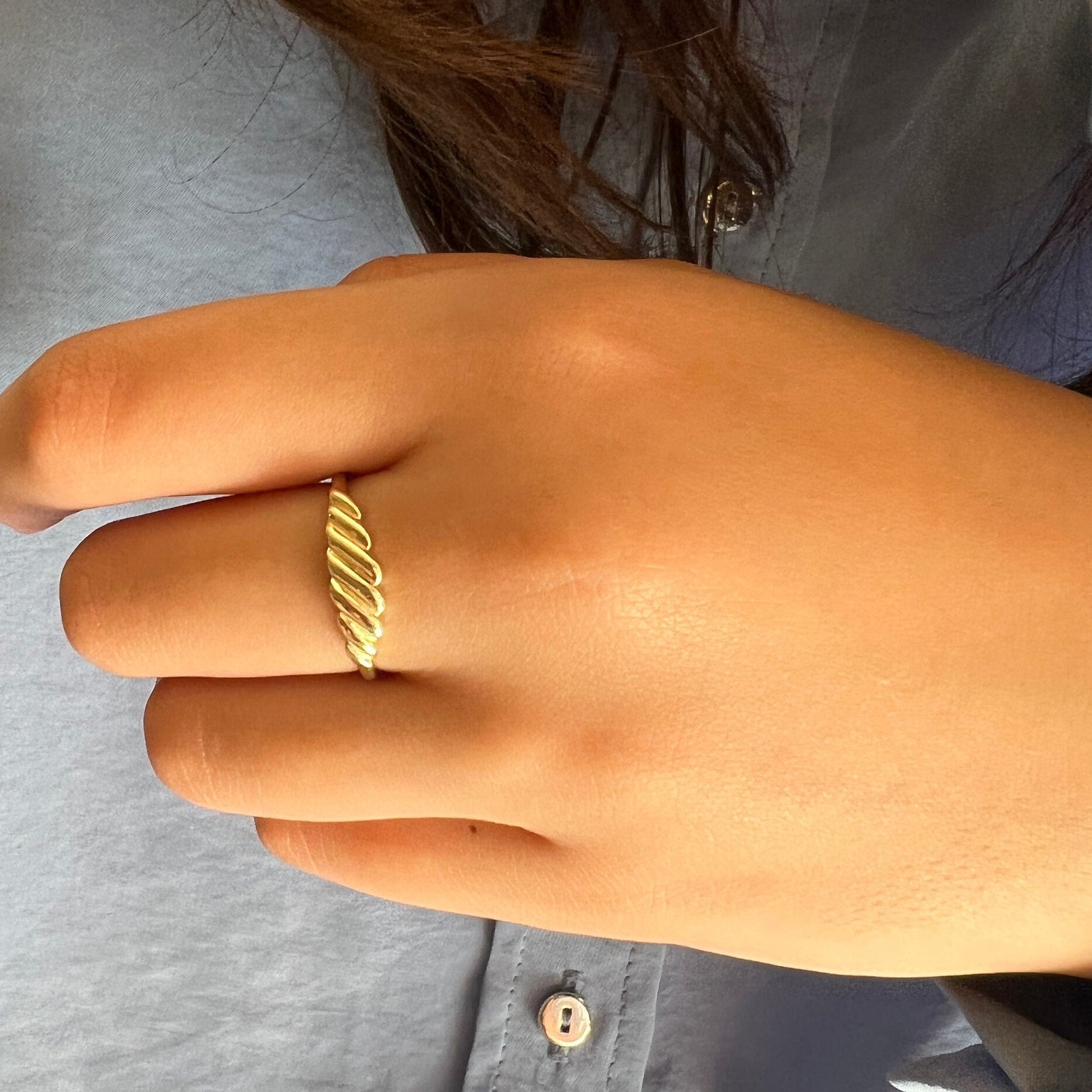 14k Solid Gold Croissant Ring Real Gold Unique Twist Ring Etsy