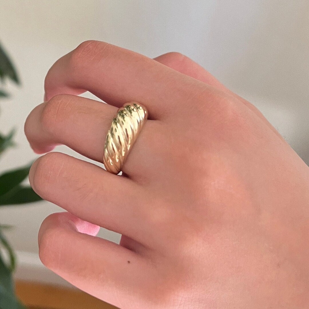 14k Solid Gold Croissant Ring / Real Gold Twisted Dome Ring / Thick