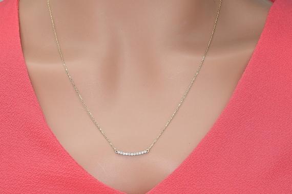 14k Solid Gold Curved Bar Necklace, Real Gold Pave Design, Handmade Premium Fine Jewelry By Selanica