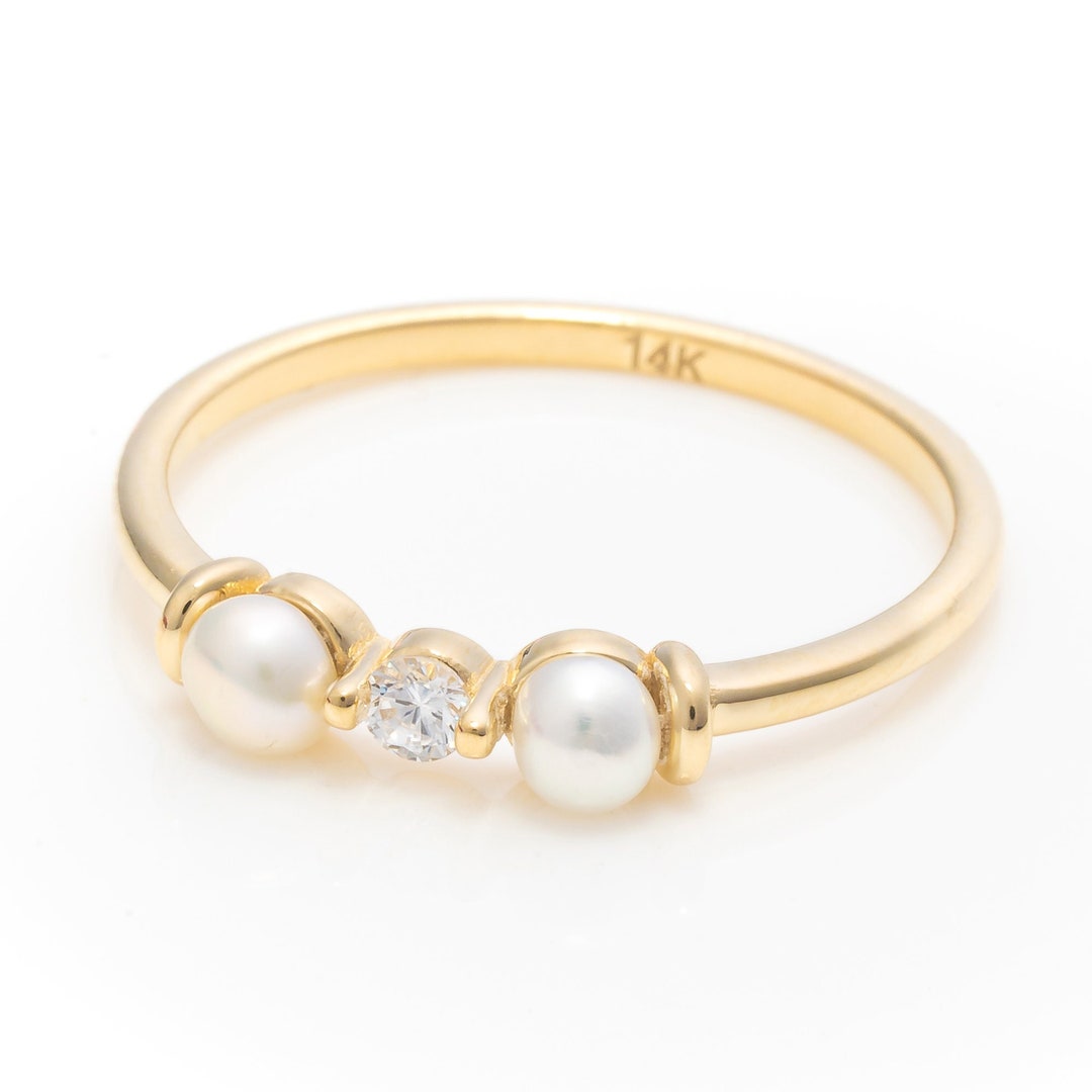 14k Solid Gold Natural Pearl Ring, Real Gold Pearl Ring, Unique Design ...
