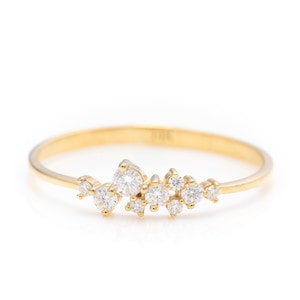 Solid Gold Dainty Cluster Ring, Real Gold Stackable Floral Design Ring, Handmade Premium Fine Jewelry By Selanica