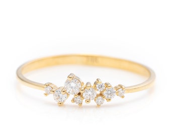 Solid Gold Dainty Cluster Ring, Real Gold Stackable Floral Design Ring, Handmade Premium Fine Jewelry By Selanica