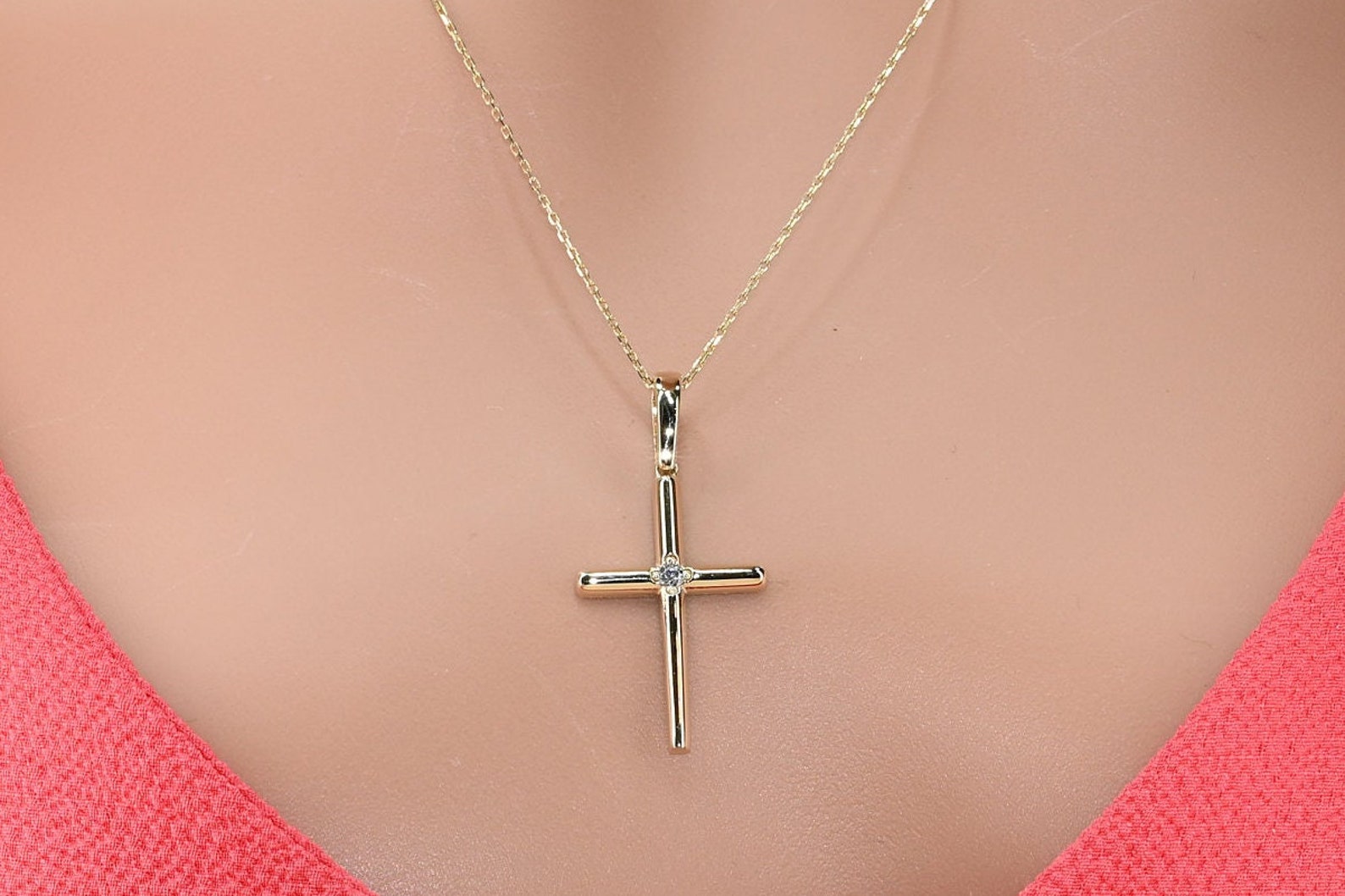 14k Solid Gold Cross Necklace Real Gold Cross Pendant Etsy