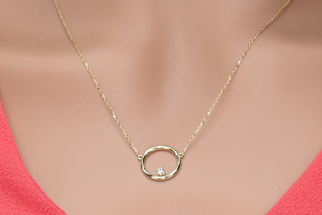 Solid Gold Dainty Open Circle Necklace, Real Gold Round Pendant, 14k