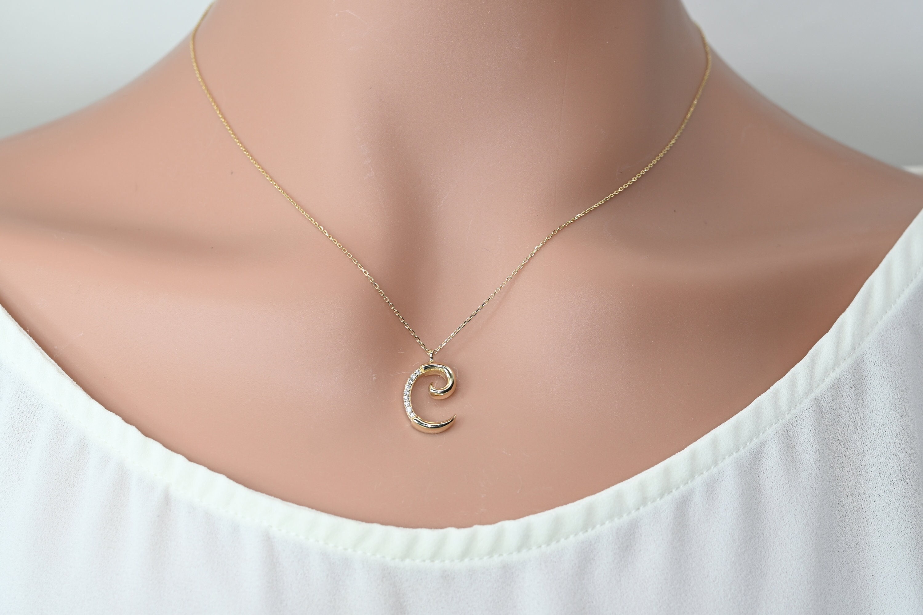 14k Solid Gold Letter C Moissanite Necklace Real Gold Unique Design Initial C Pendant Handmade Fine Jewelry All Letters Available Etsy