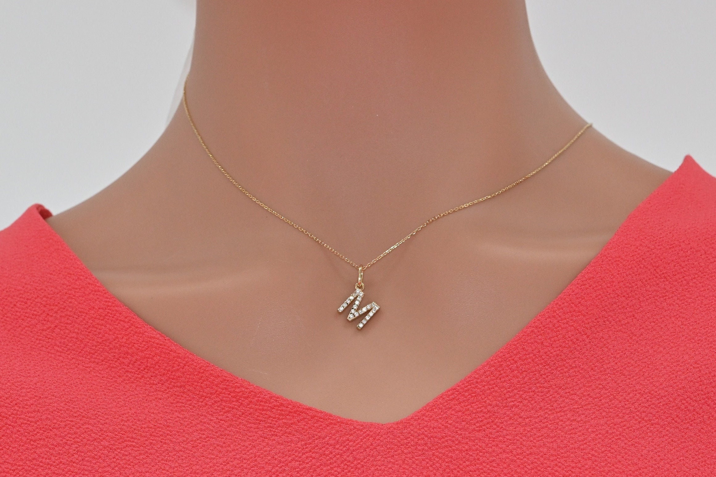 Solid Gold Moissanite Initial Necklace: Dainty Letter Pendant
