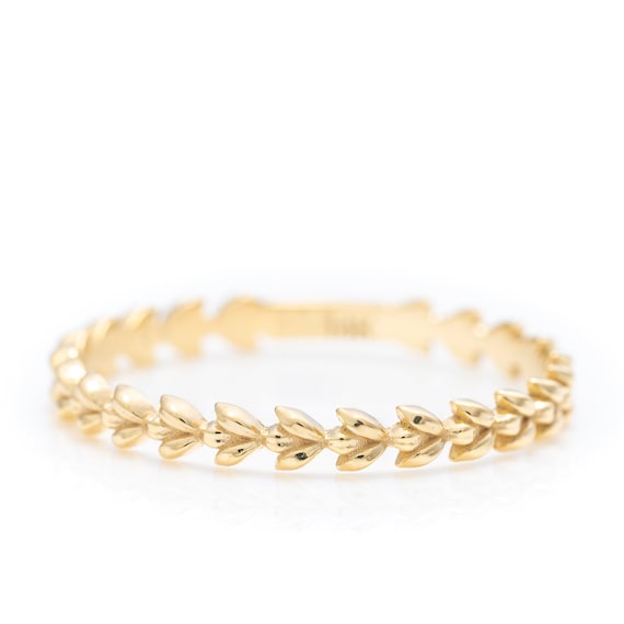 14k Solid Gold Stackable Leaf Ring, Real Gold Vine Leaf, Laurel Wreath Band, Handmade Premium Fine Jewelry By Selanica