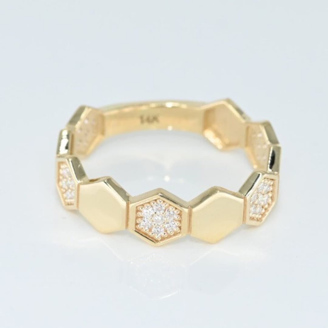 14k Solid Gold Hexagon Ring, Unique Honeycomb Design Geometric Band ...