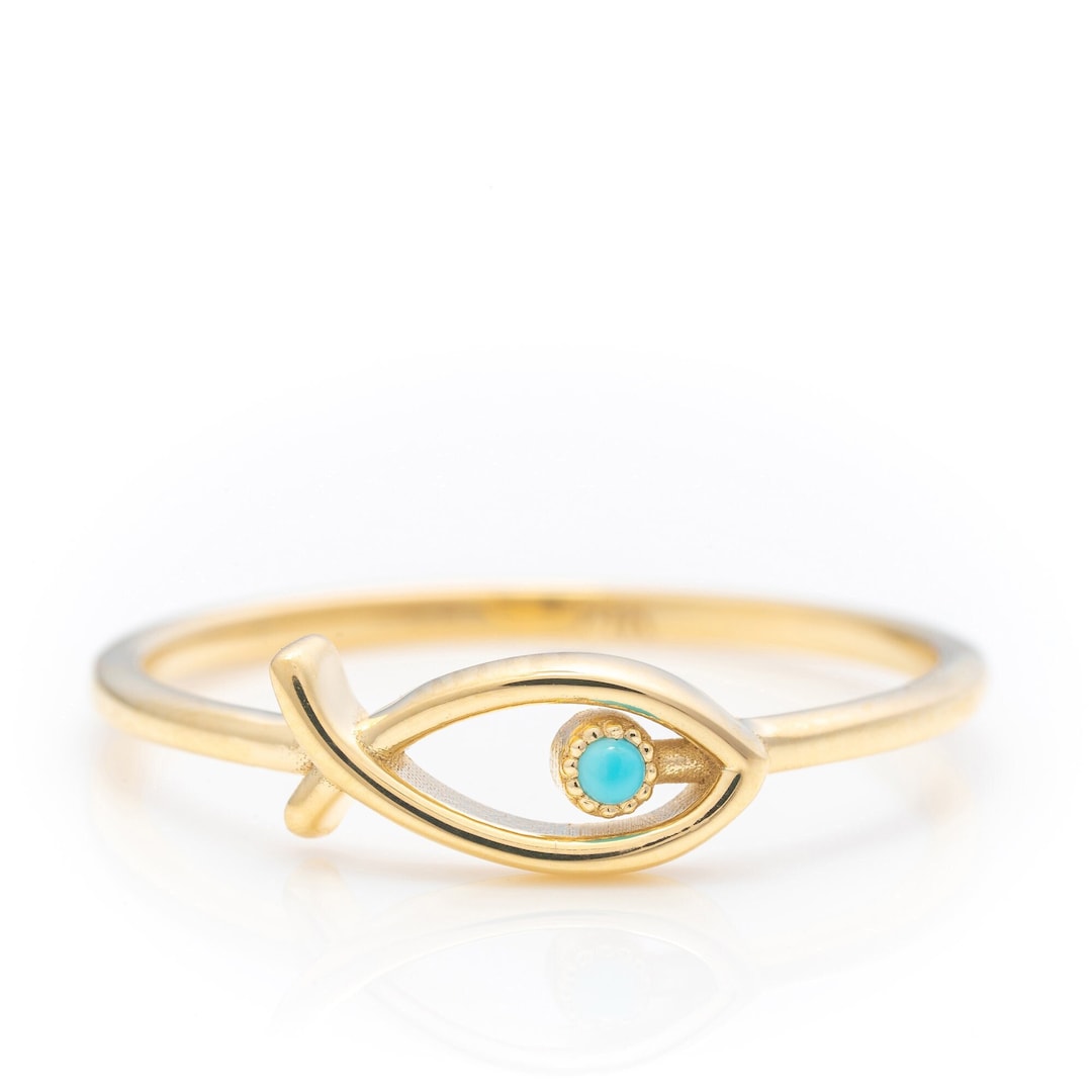 14k Solid Gold Turquoise Fish Ring, Real Gold Fish Ichthys Ring ...