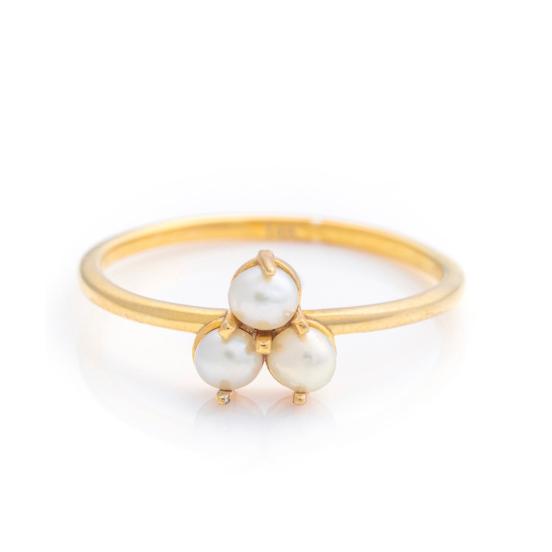 14k Solid Gold Dainty Natural Pearl Ring, Real Gold Three Pearl Ring
